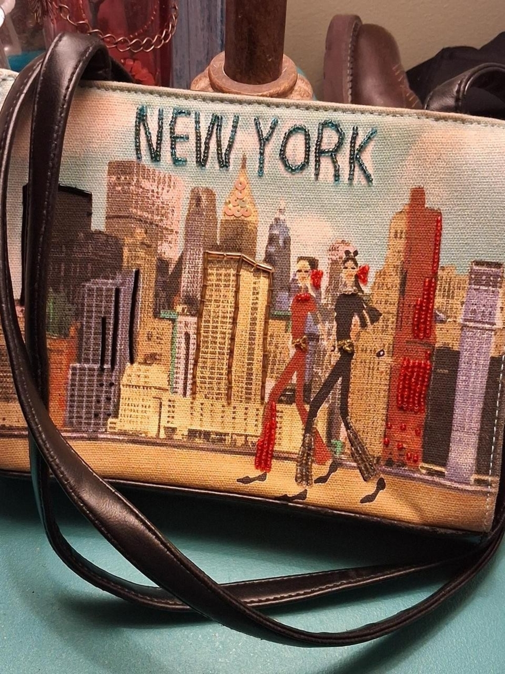 New York Canvas Shoulder Bag with Black Trim